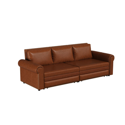 93.70Faux Leather 3-Seater Sleeper Sofa Bed with Chaise, Retro Style with Rivet Trim