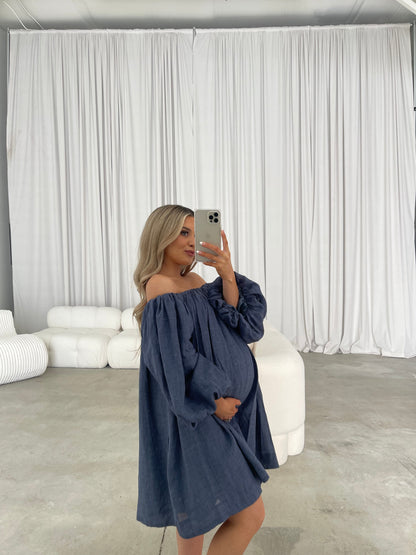 Cassidy 100% Linen On/Off Shoulder Mini Dress in Denim