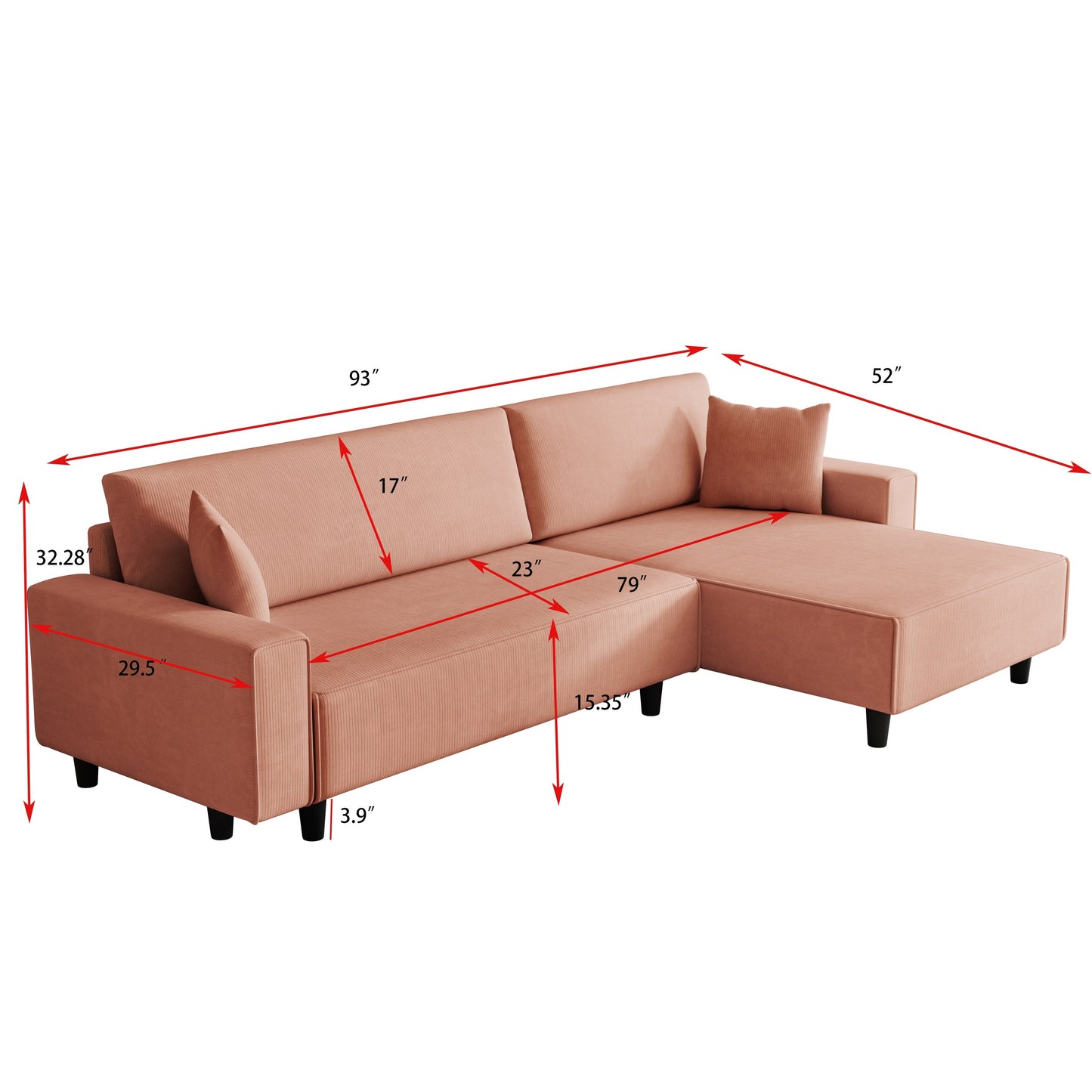 93'' Corduroy Convertible 3-Seater Sofa Bed with Adjustable Chaise, Two Pillows, and Storage - Space-Saving Design