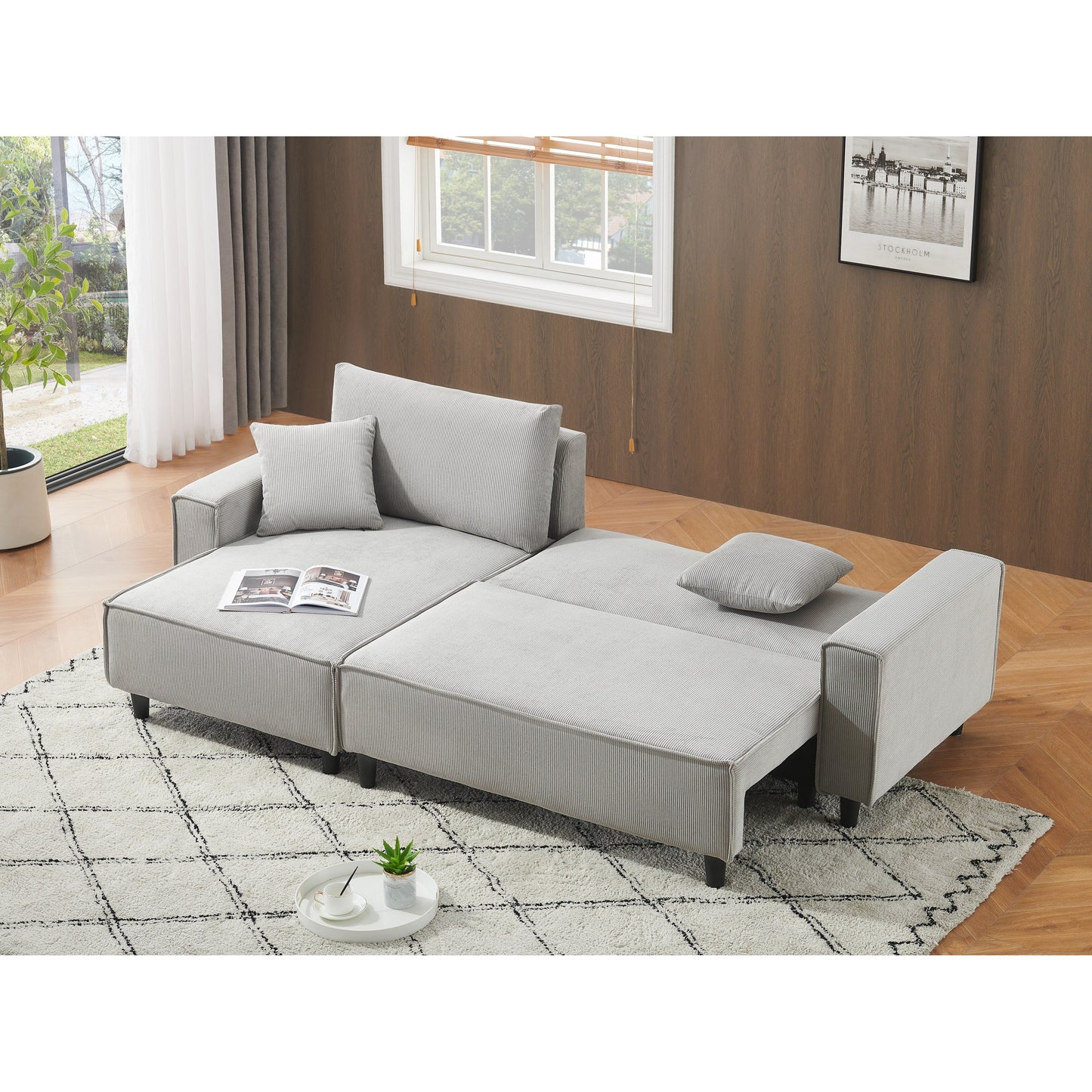 93'' Corduroy Convertible 3-Seater Sofa Bed with Adjustable Chaise, Two Pillows, and Storage - Space-Saving Design