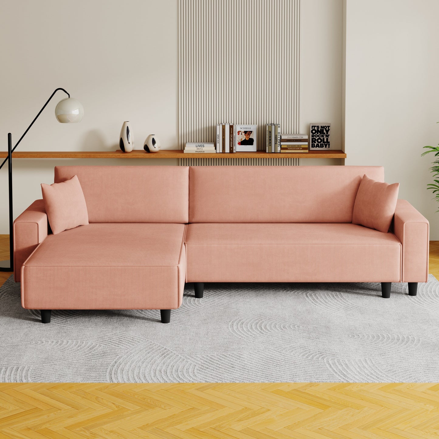 93'' Corduroy Convertible 3-Seater Sofa Bed with Adjustable Chaise, Two Pillows, and Storage - Space-Saving Design