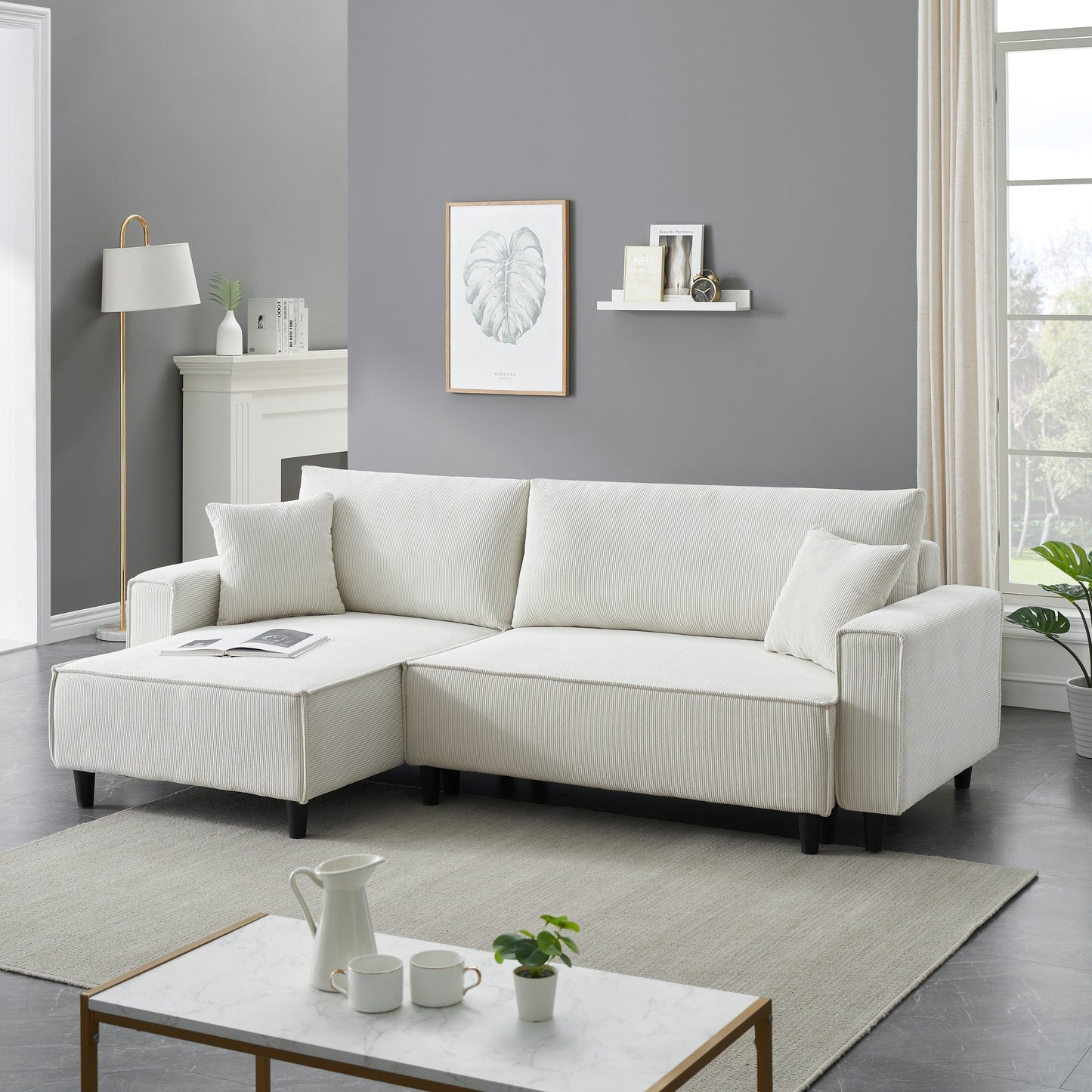 93'' Corduroy Convertible 3-Seater Sofa Bed with Adjustable Chaise, Two Pillows, and Storage - Space-Saving Design