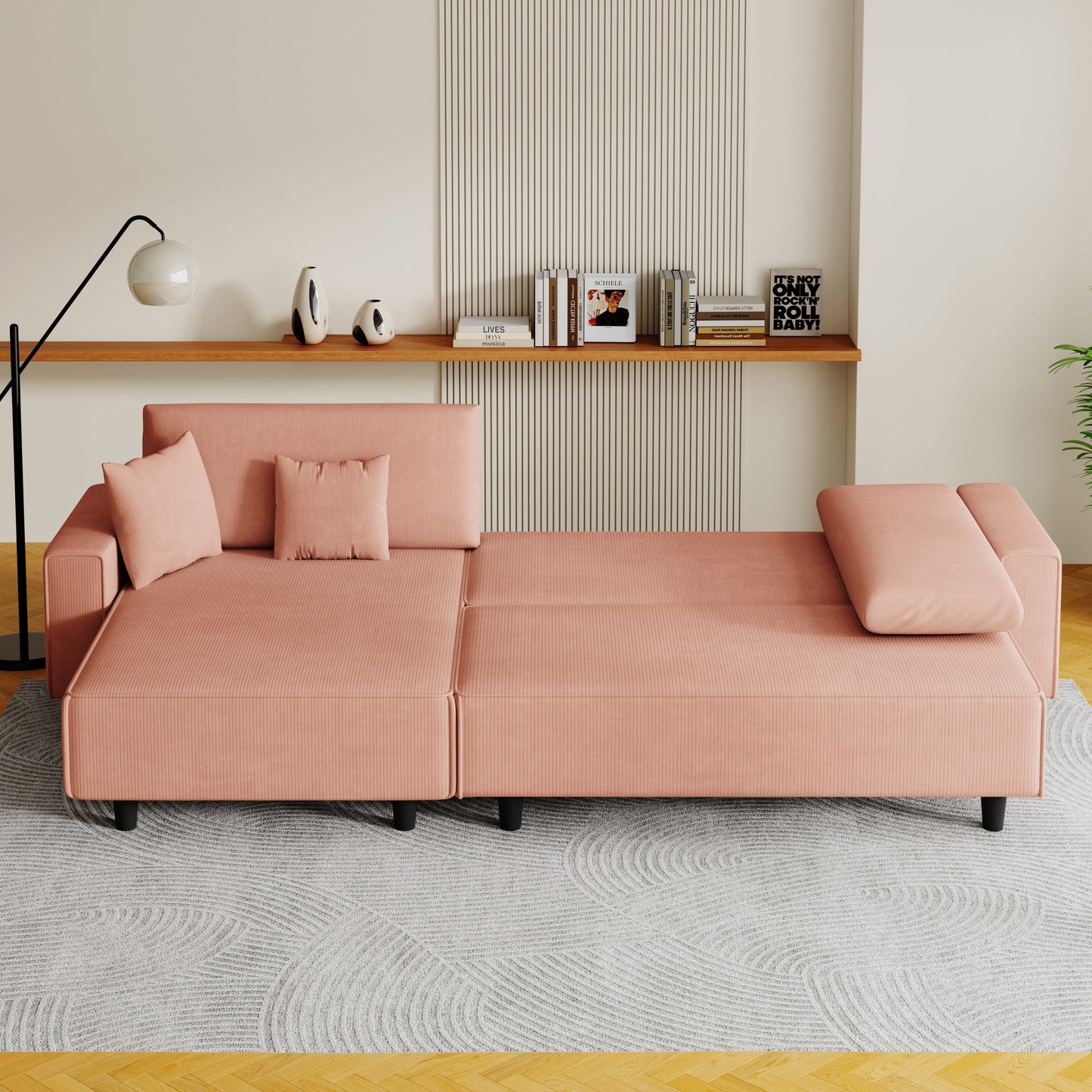 93'' Corduroy Convertible 3-Seater Sofa Bed with Adjustable Chaise, Two Pillows, and Storage - Space-Saving Design