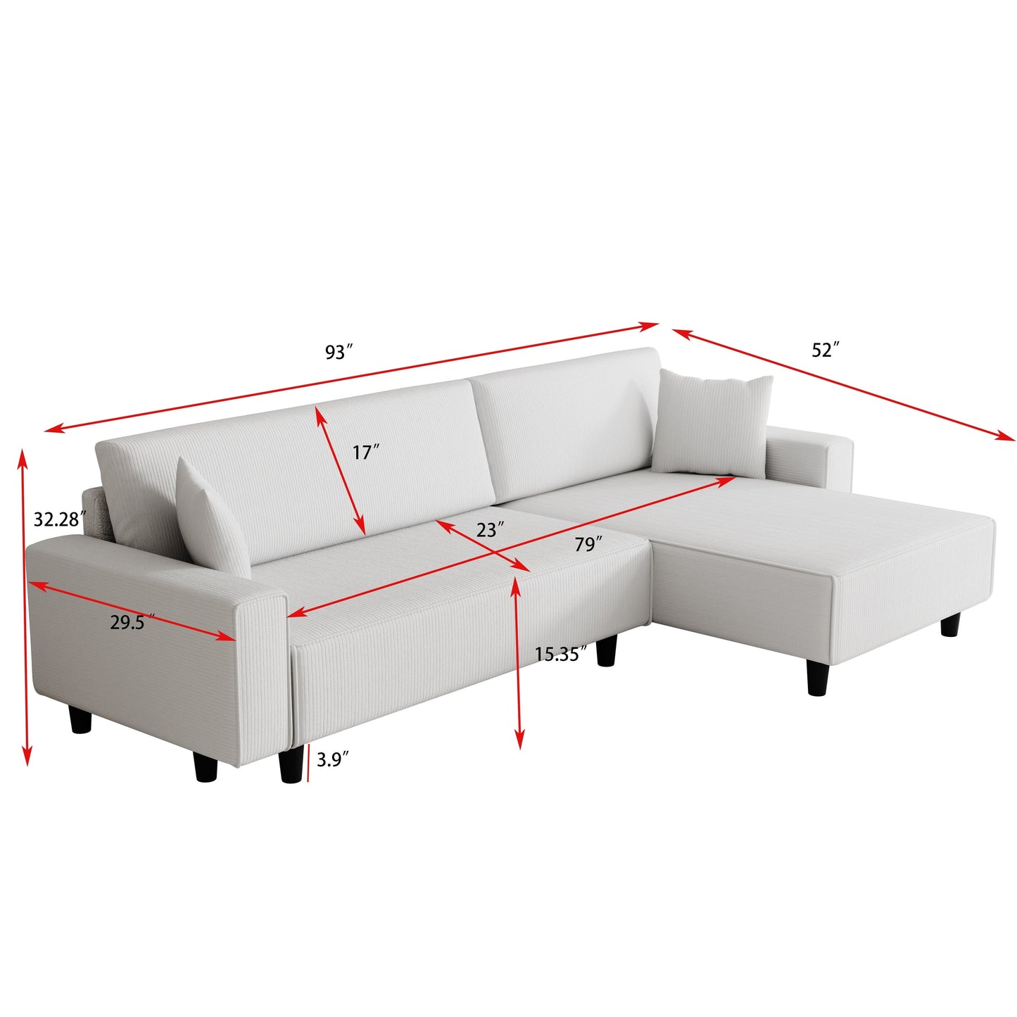 93'' Corduroy Convertible 3-Seater Sofa Bed with Adjustable Chaise, Two Pillows, and Storage - Space-Saving Design