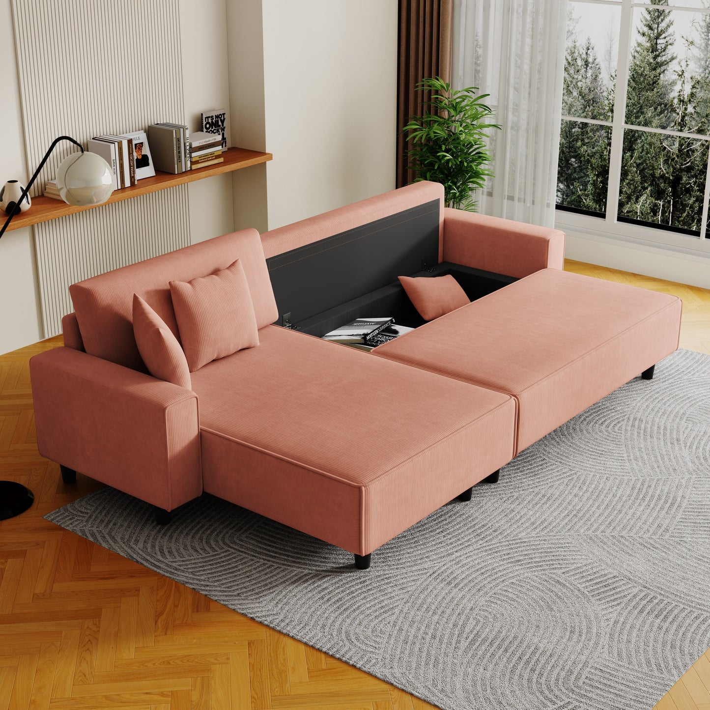 93'' Corduroy Convertible 3-Seater Sofa Bed with Adjustable Chaise, Two Pillows, and Storage - Space-Saving Design