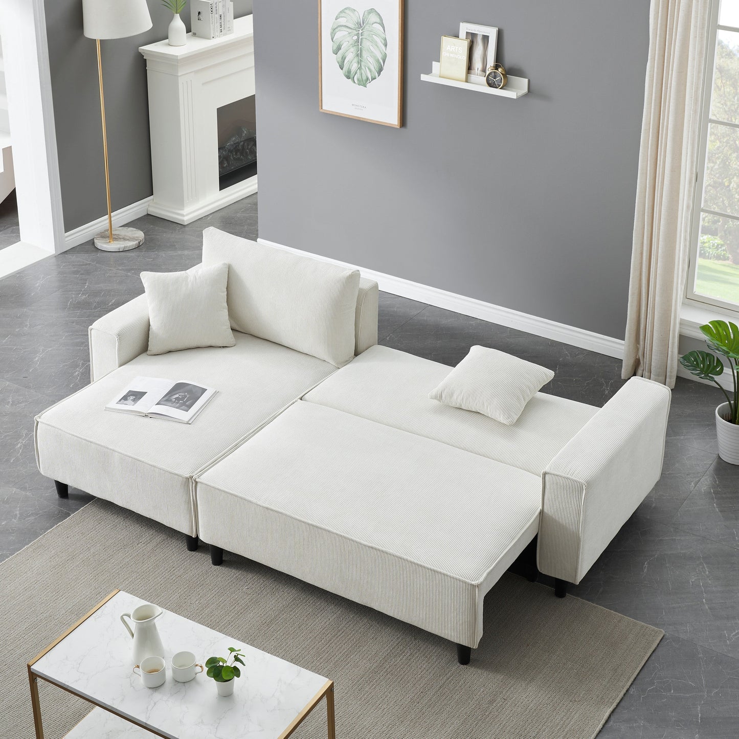 93'' Corduroy Convertible 3-Seater Sofa Bed with Adjustable Chaise, Two Pillows, and Storage - Space-Saving Design