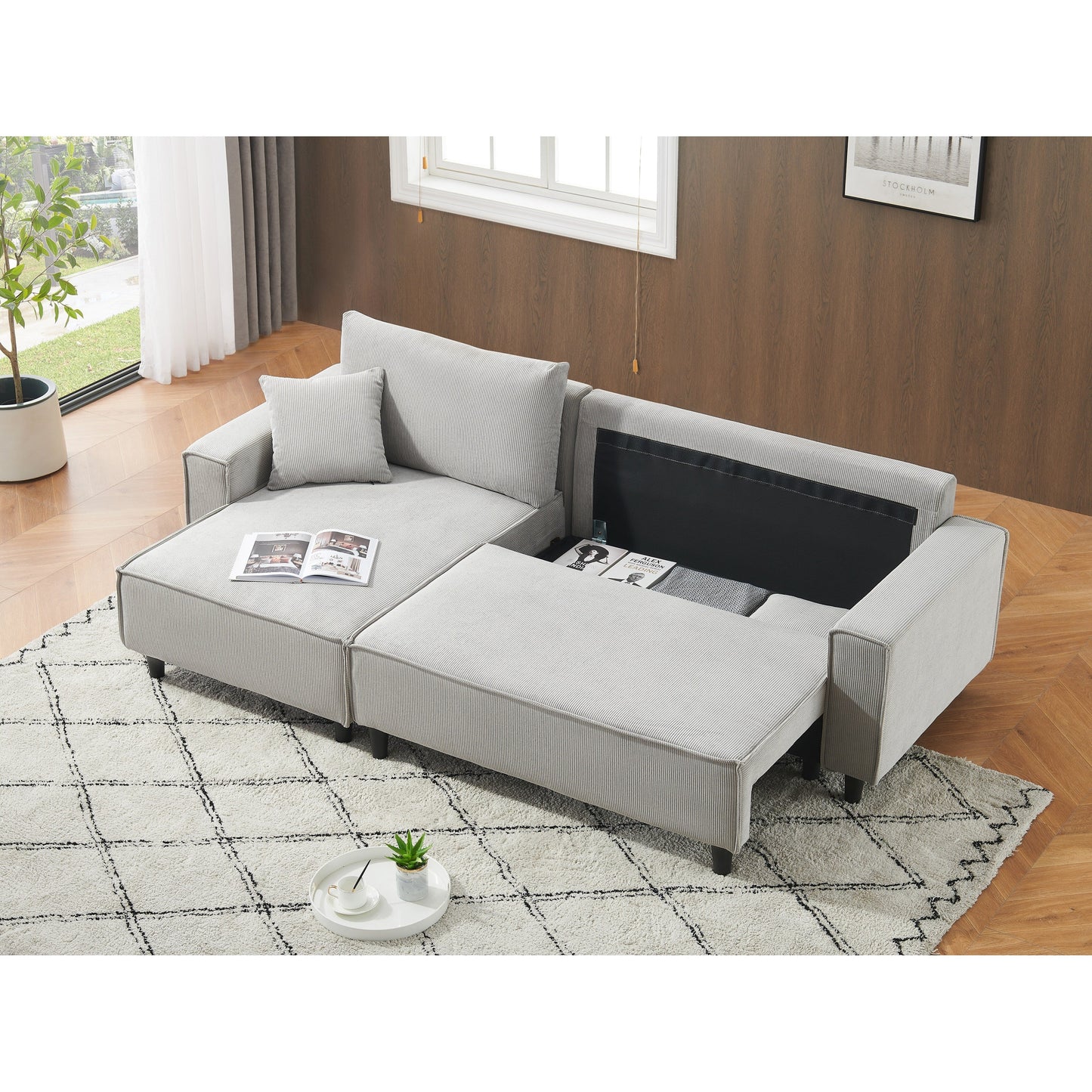 93'' Corduroy Convertible 3-Seater Sofa Bed with Adjustable Chaise, Two Pillows, and Storage - Space-Saving Design