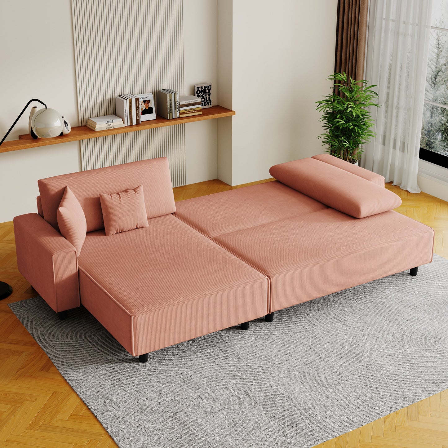 93'' Corduroy Convertible 3-Seater Sofa Bed with Adjustable Chaise, Two Pillows, and Storage - Space-Saving Design