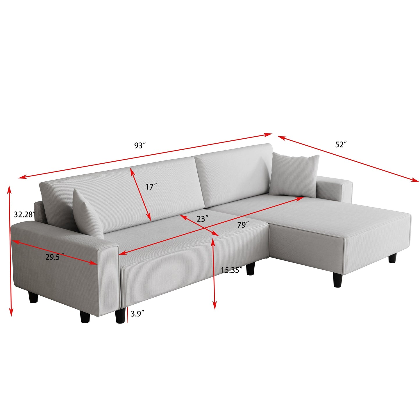 93'' Corduroy Convertible 3-Seater Sofa Bed with Adjustable Chaise, Two Pillows, and Storage - Space-Saving Design