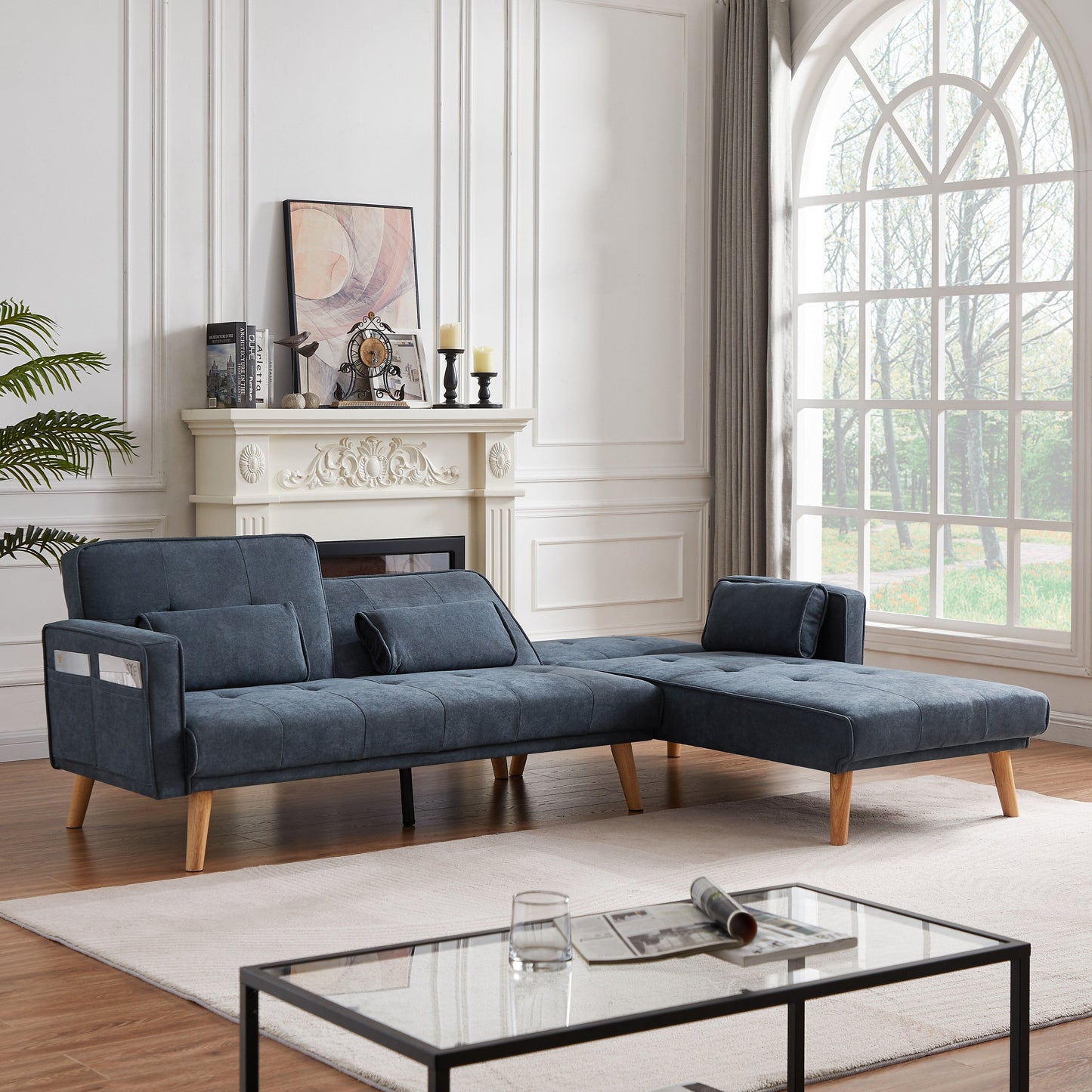 94.5'' Linen 3-Seater Convertible Sofa: Right Chaise, Foam Padding, Organizer Bag, and Square Arms