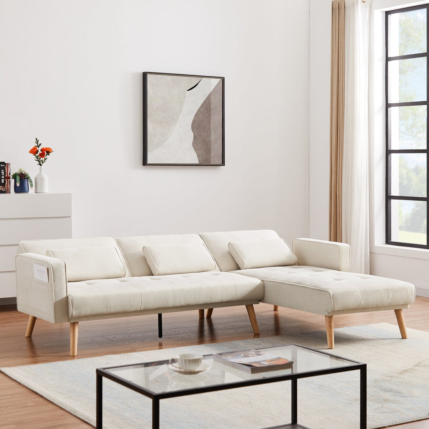 94.5'' Linen Convertible Sectional Sofa with Chaise, Right Facing Design, Foam Cushions, and Organizer Bag
