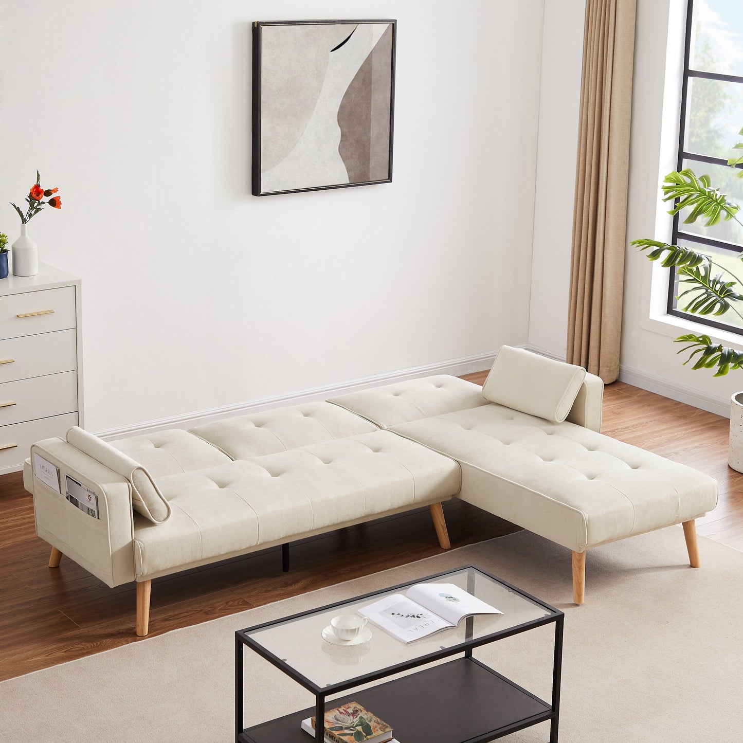 94.5'' Linen Convertible Sectional Sofa with Chaise, Right Facing Design, Foam Cushions, and Organizer Bag