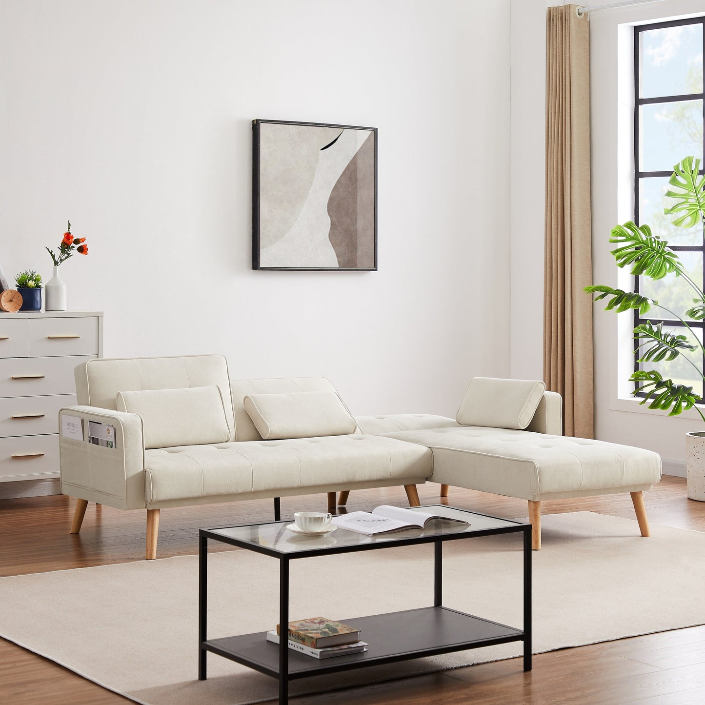 94.5'' Linen Convertible Sectional Sofa with Chaise, Right Facing Design, Foam Cushions, and Organizer Bag