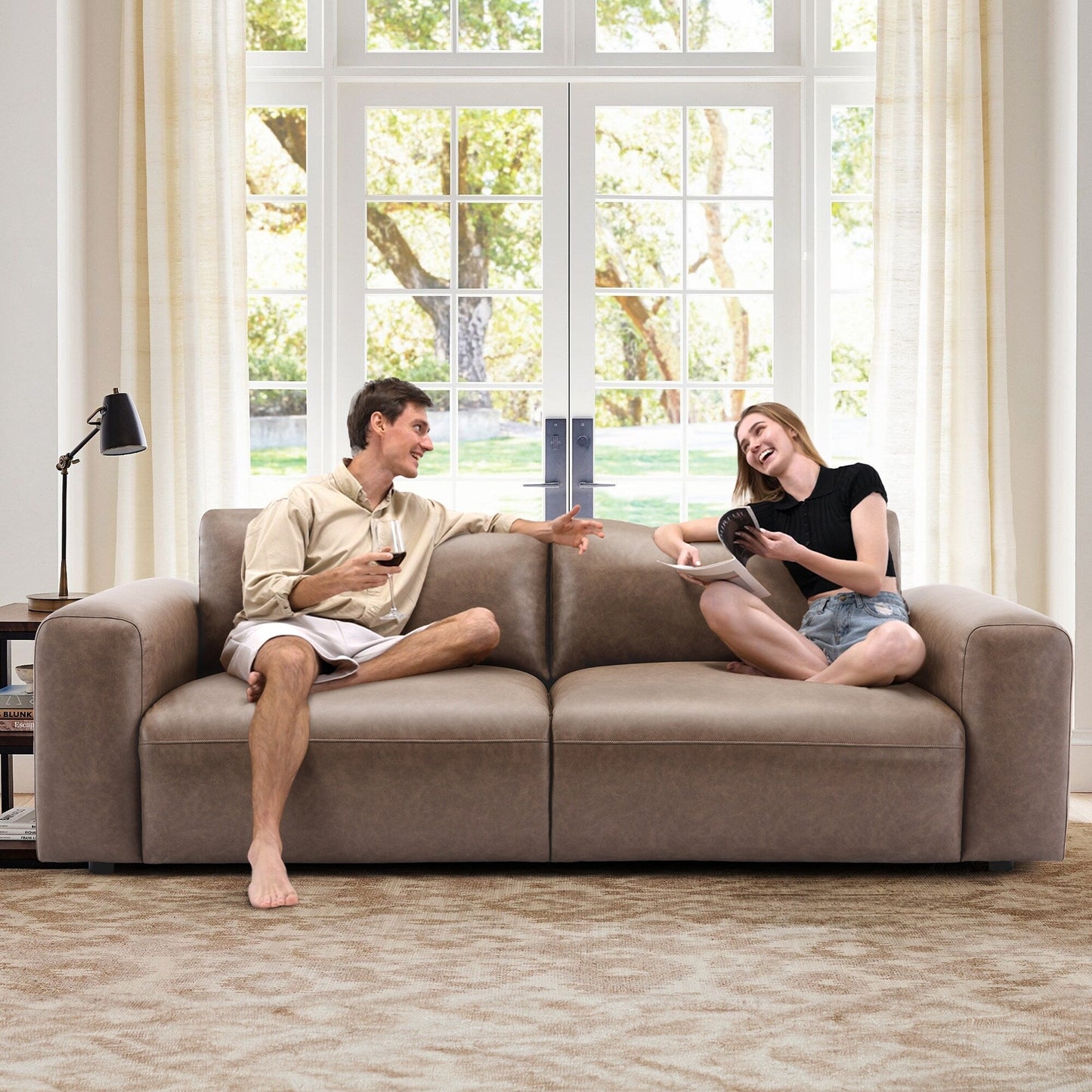 95 Oversized 3-Seater Sofa - Extra Deep Seats & Wide Arms, Down-Filled PU Leather Couch for Living Room, Apartment