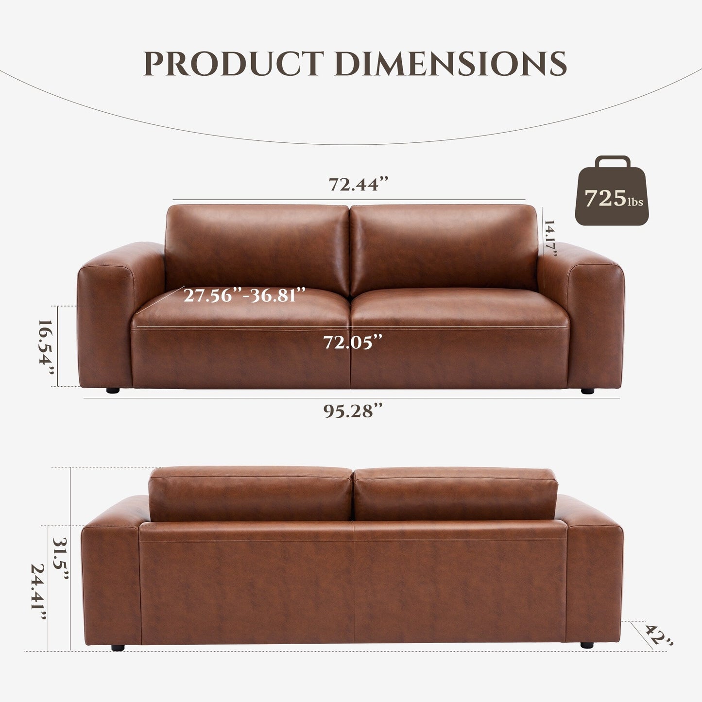 95 Oversized 3-Seater Sofa - Extra Deep Seats & Wide Arms, Down-Filled PU Leather Couch for Living Room, Apartment