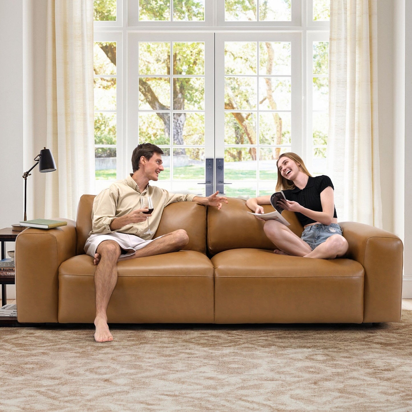95 Oversized 3-Seater Sofa - Extra Deep Seats & Wide Arms, Down-Filled PU Leather Couch for Living Room, Apartment