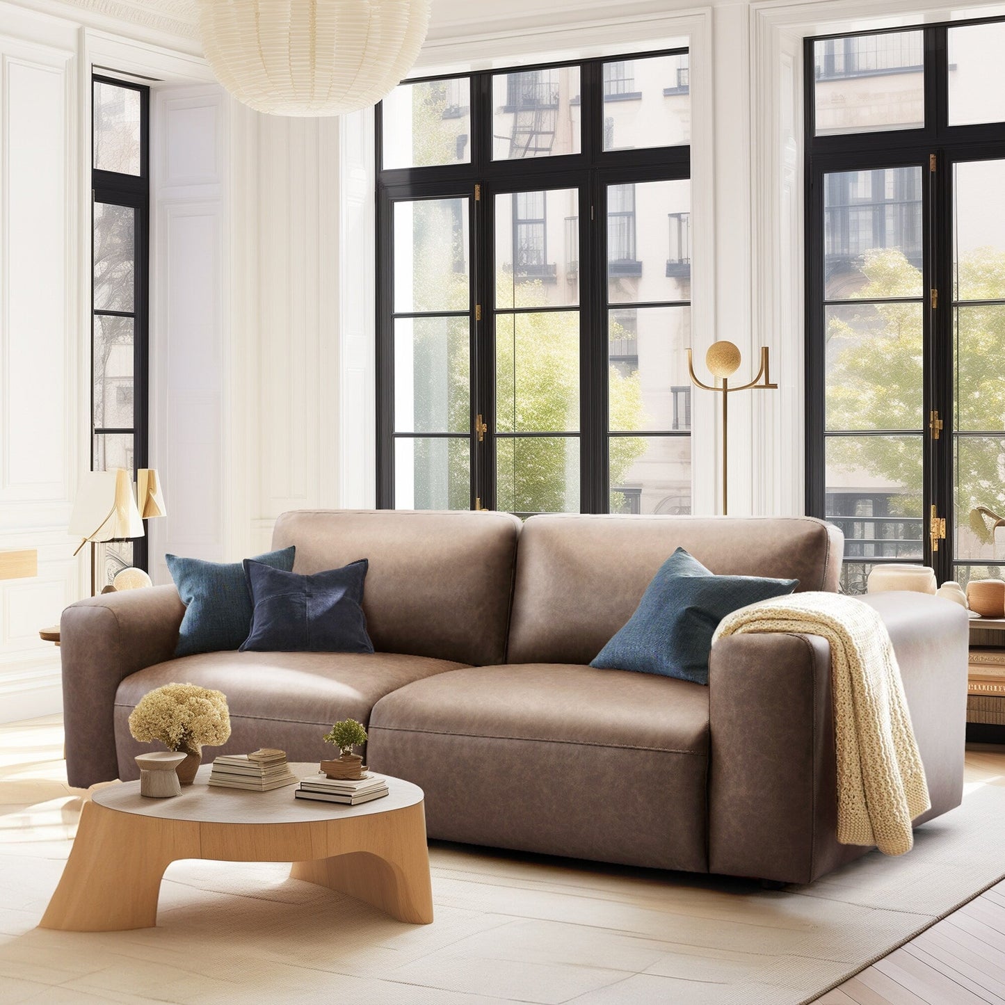 95 Oversized 3-Seater Sofa - Extra Deep Seats & Wide Arms, Down-Filled PU Leather Couch for Living Room, Apartment