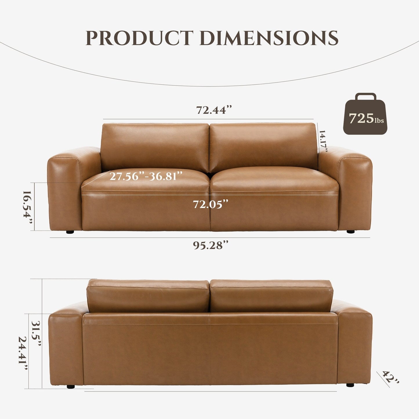 95 Oversized 3-Seater Sofa - Extra Deep Seats & Wide Arms, Down-Filled PU Leather Couch for Living Room, Apartment