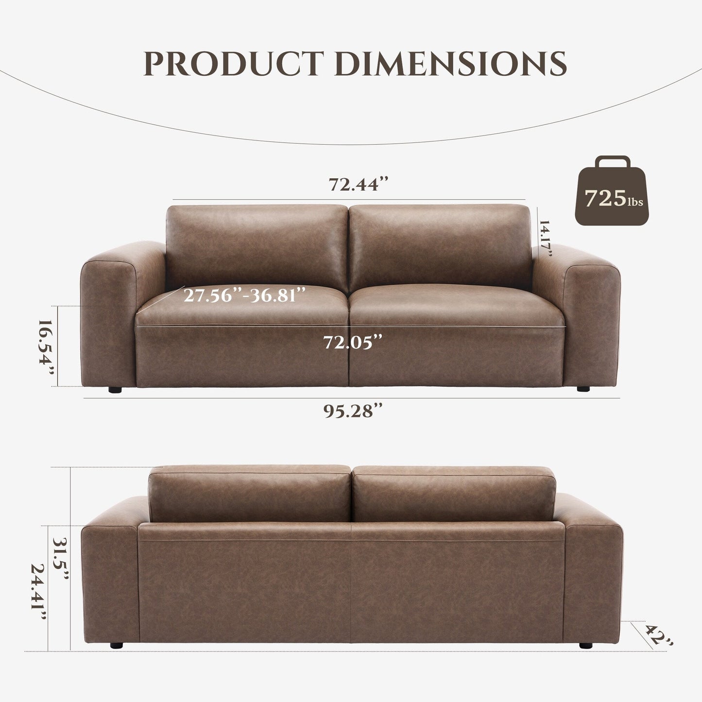 95 Oversized 3-Seater Sofa - Extra Deep Seats & Wide Arms, Down-Filled PU Leather Couch for Living Room, Apartment