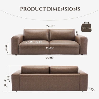 95 Oversized 3-Seater Sofa - Extra Deep Seats & Wide Arms, Down-Filled PU Leather Couch for Living Room, Apartment