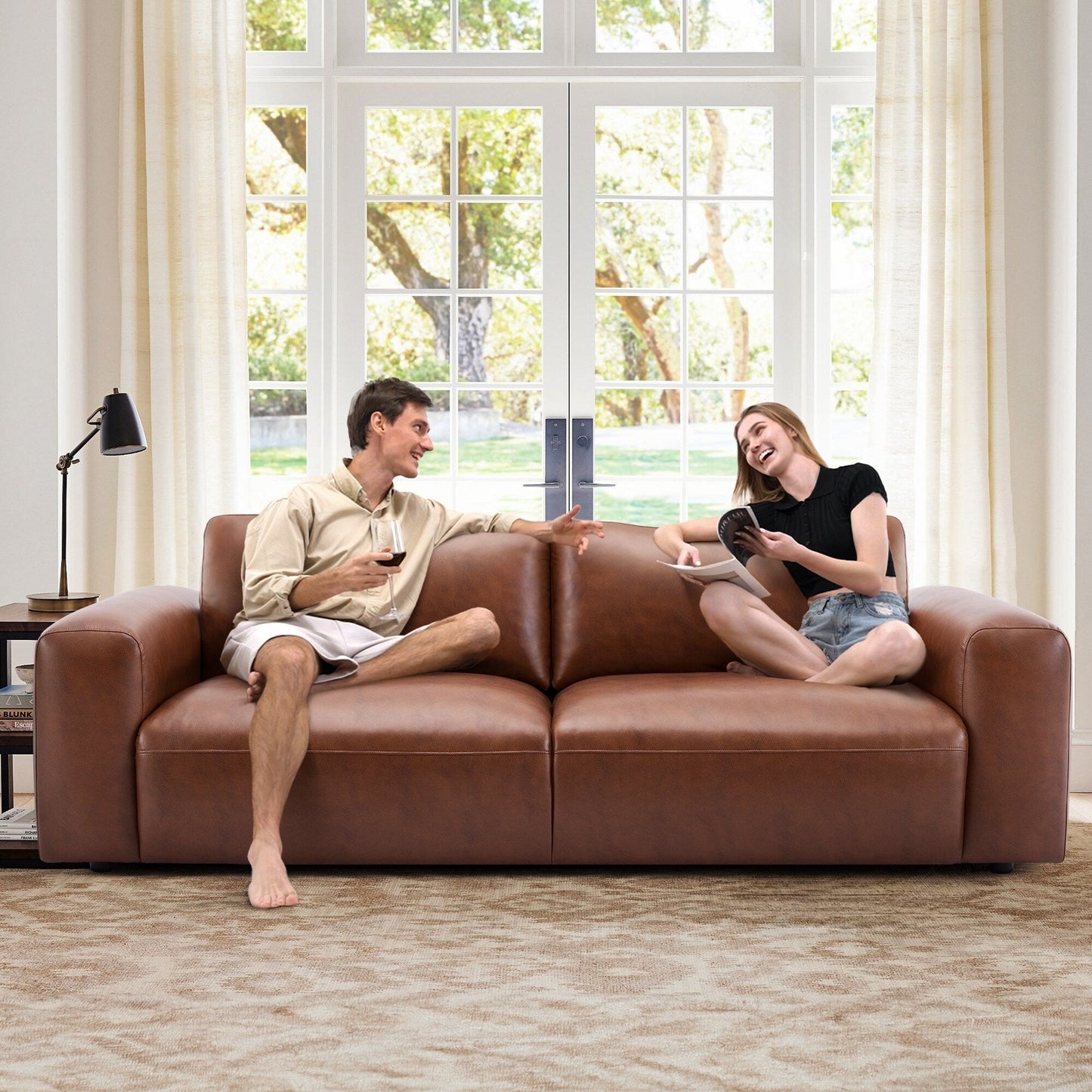 95 Oversized 3-Seater Sofa - Extra Deep Seats & Wide Arms, Down-Filled PU Leather Couch for Living Room, Apartment