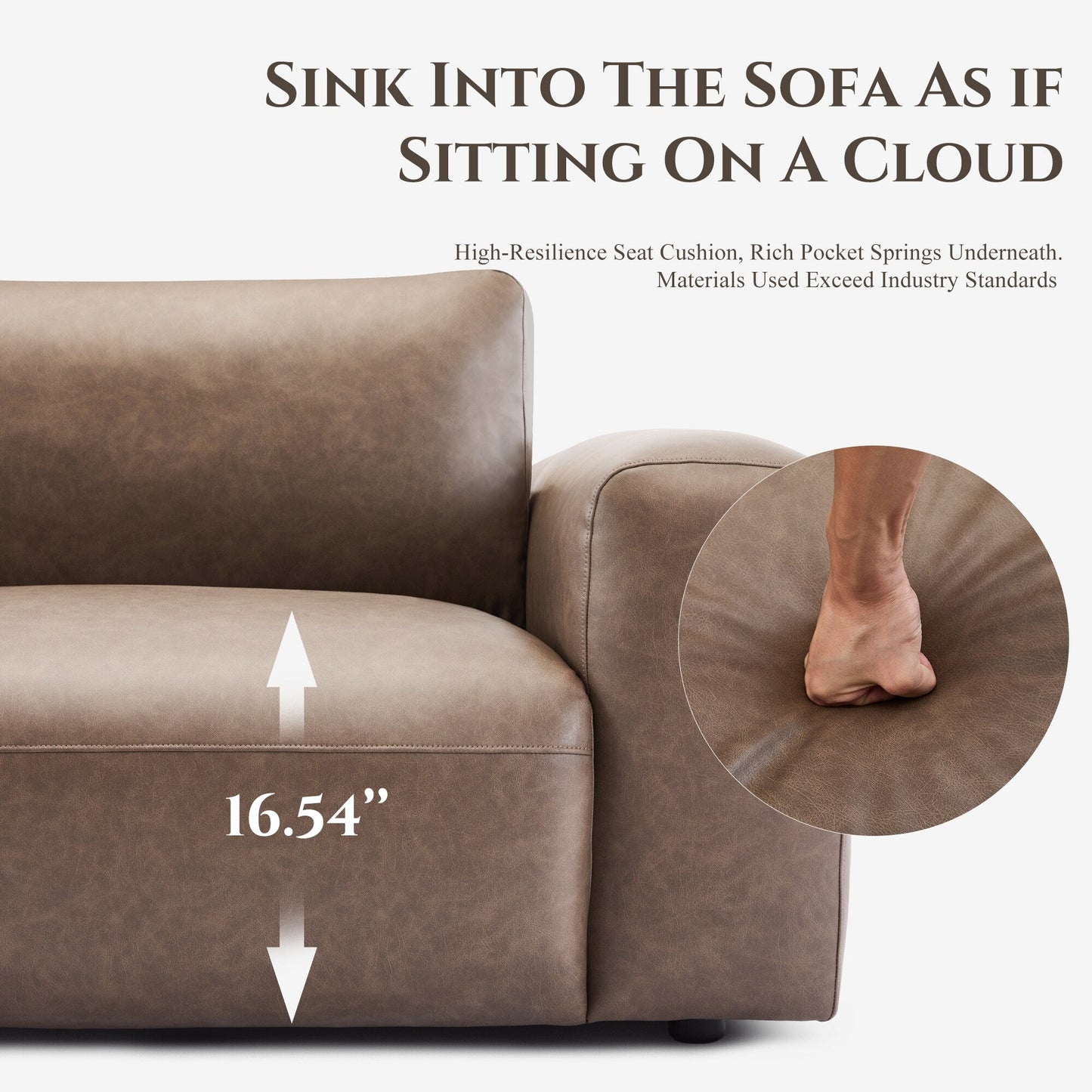 95 Oversized 3-Seater Sofa - Extra Deep Seats & Wide Arms, Down-Filled PU Leather Couch for Living Room, Apartment