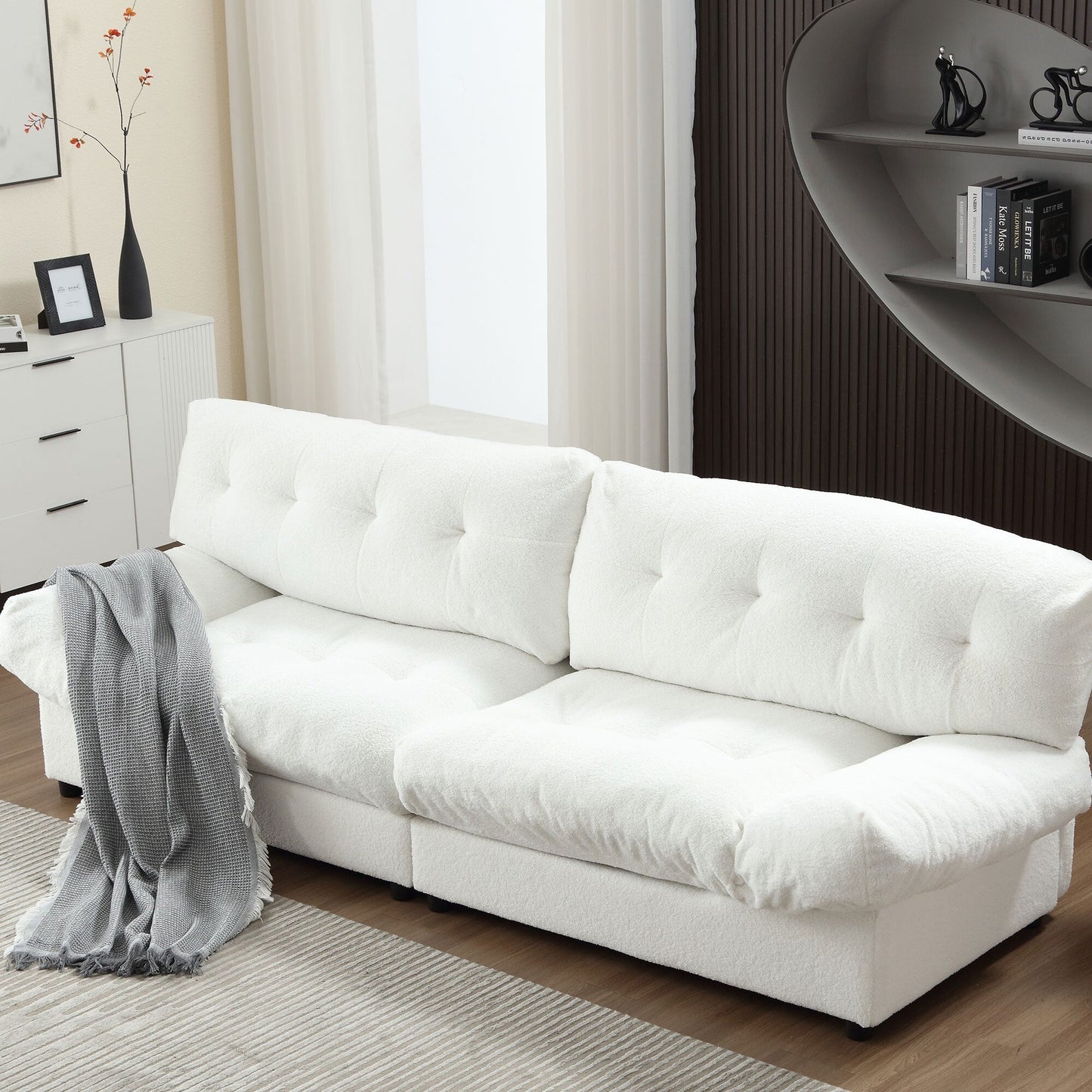 96.46'' Fabric 2 Seater Sofa Couch with Comfy Padded Design and Cloud Style, Plastic Feet, for Living Room and Apartment