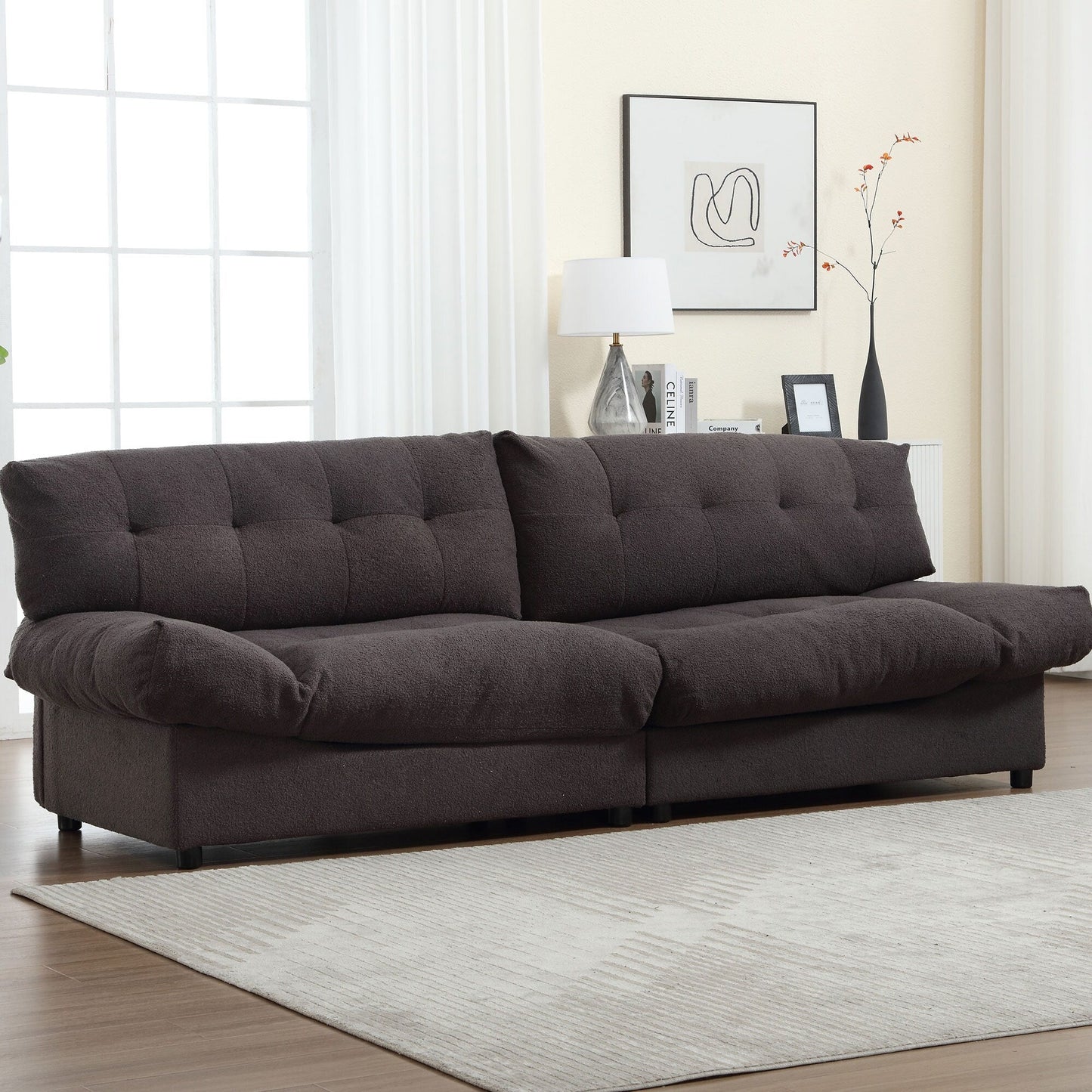 96.46'' Fabric 2 Seater Sofa Couch with Comfy Padded Design and Cloud Style, Plastic Feet, for Living Room and Apartment
