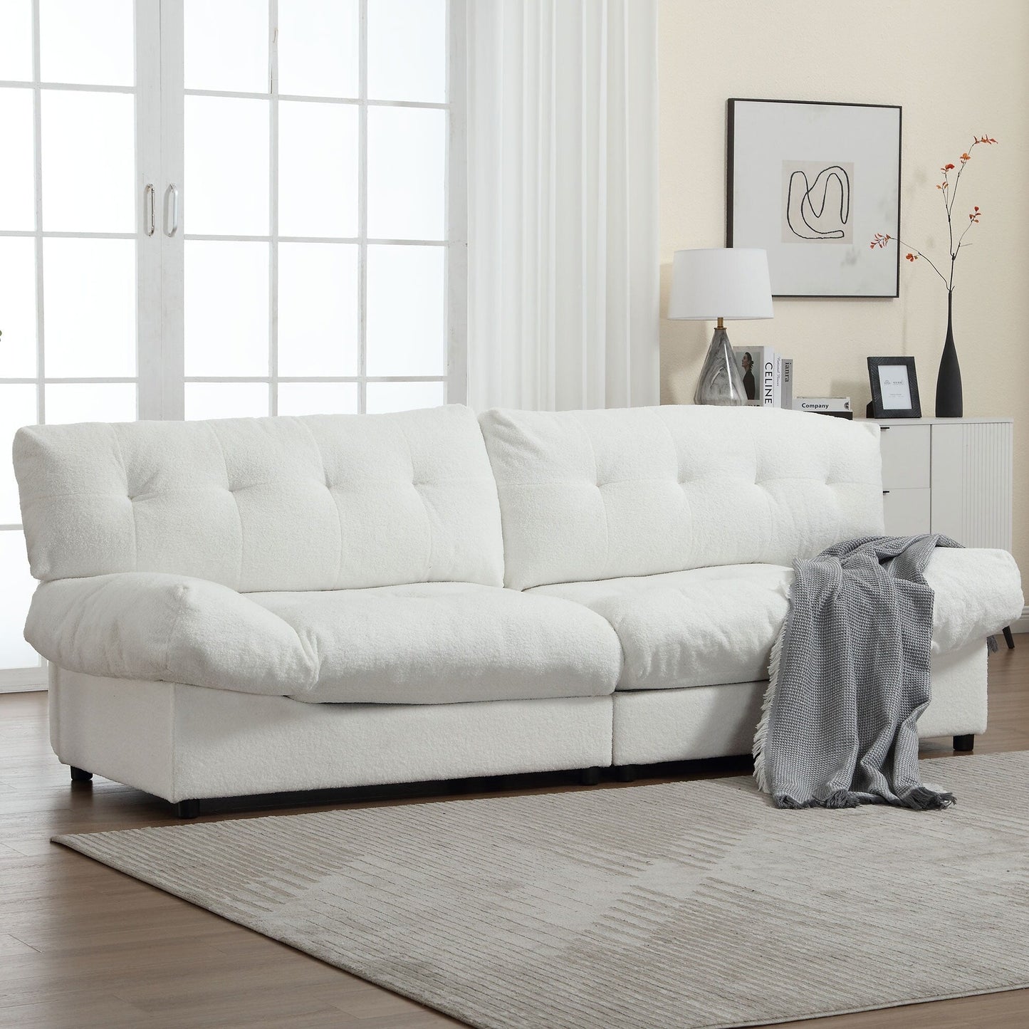96.46'' Fabric 2 Seater Sofa Couch with Comfy Padded Design and Cloud Style, Plastic Feet, for Living Room and Apartment