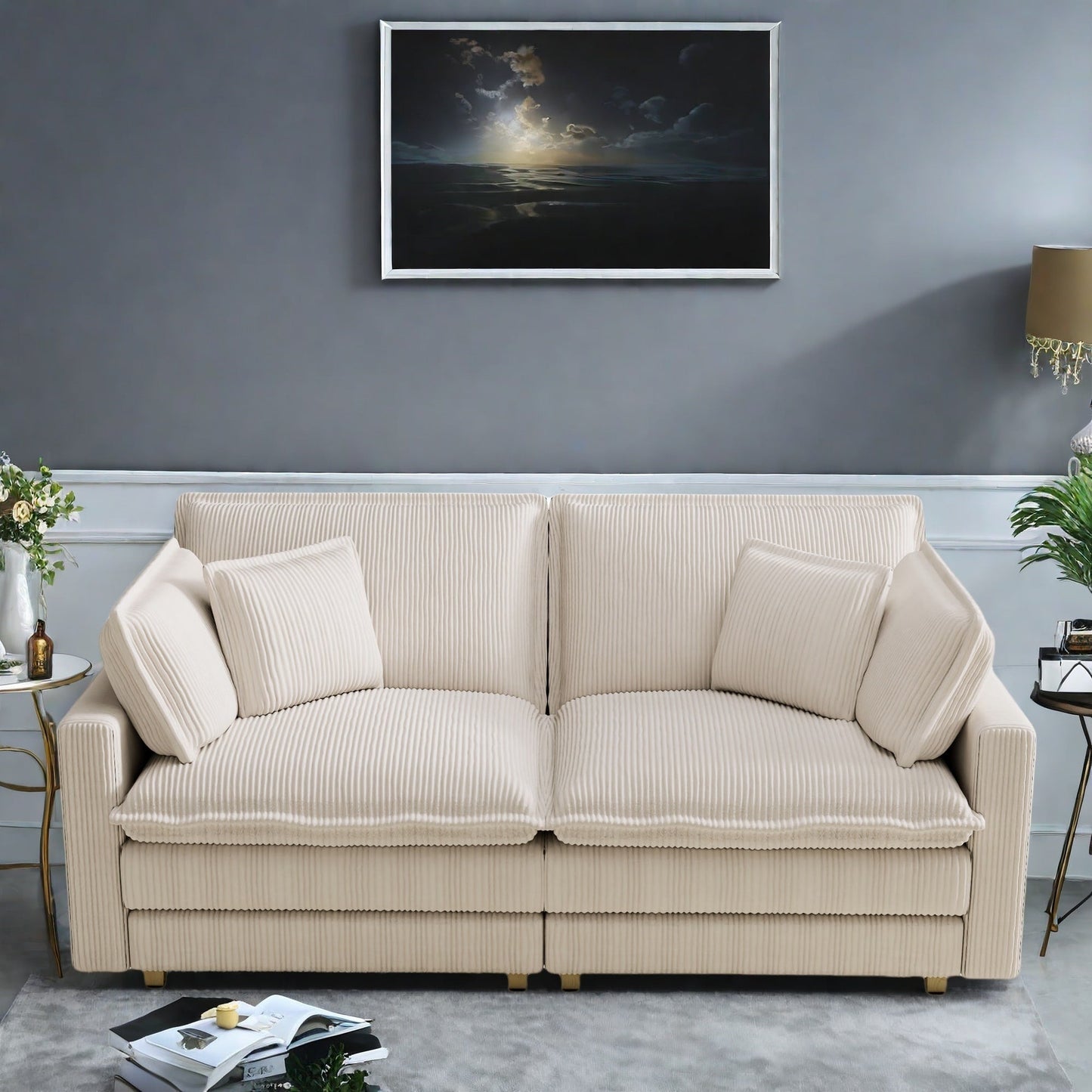 96 Corduroy Modern Classic 3-Seater Sofa - Deep Seat,With 4 Pillow For Living Room
