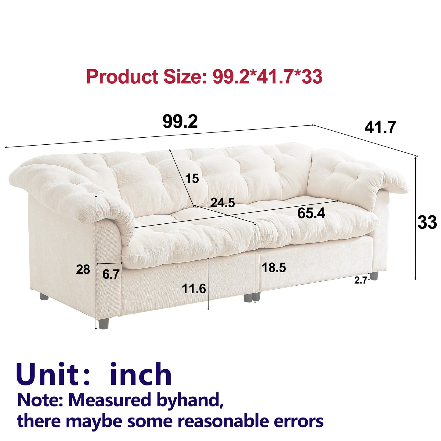 99.2 Fabric Modern Classic 3-Seater Sofa, Solid Wood Frame & Plush Cloud Cushioning