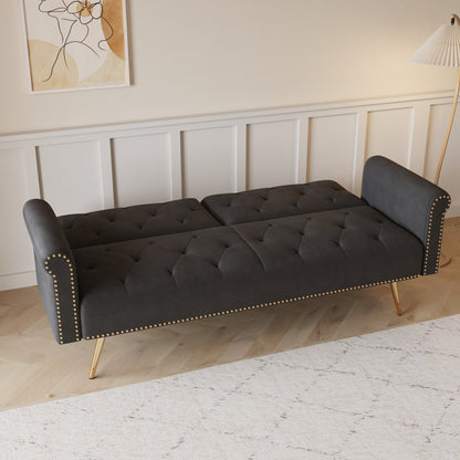 A 69.7-Inch-Long Sofa Bed Covered In Velvet Fabric, Featuring Nail Head Trim And Accompanied By A Matching Throw Pillow