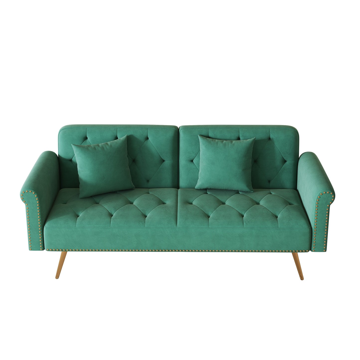 A 69.7-Inch-Long Sofa Bed Covered In Velvet Fabric, Featuring Nail Head Trim And Accompanied By A Matching Throw Pillow