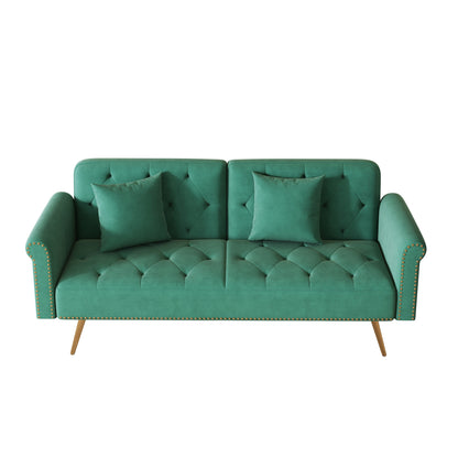 A 69.7-Inch-Long Sofa Bed Covered In Velvet Fabric, Featuring Nail Head Trim And Accompanied By A Matching Throw Pillow