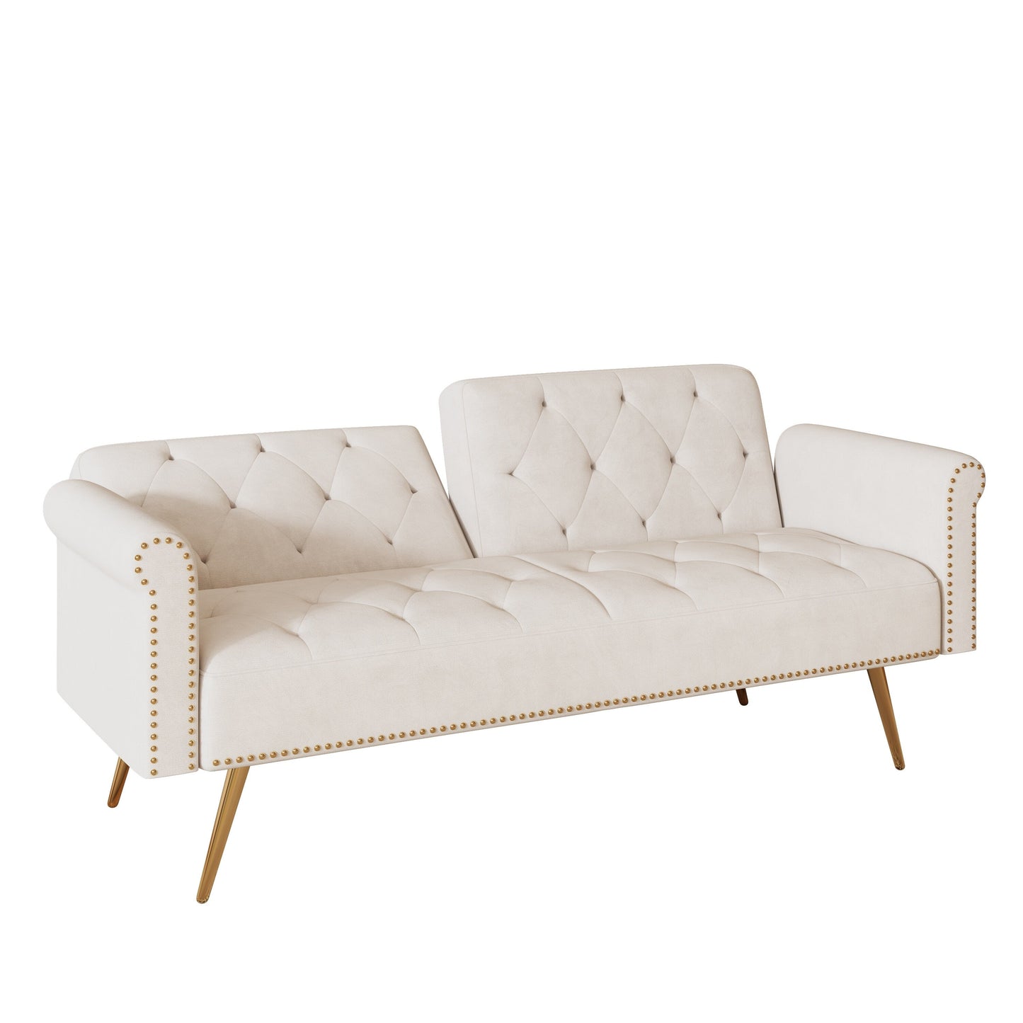 A 69.7-inch-long sofa bed covered in beige velvet fabric, featuring nail head trim and accompanied by a matching throw pillow