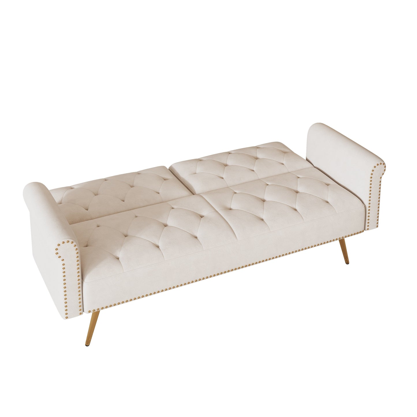 A 69.7-inch-long sofa bed covered in beige velvet fabric, featuring nail head trim and accompanied by a matching throw pillow