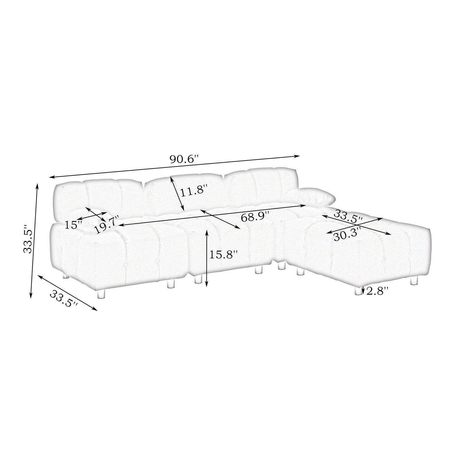 A 90.60-inch technology cloth white sofa, waterproof, stain and cat scratch resistant