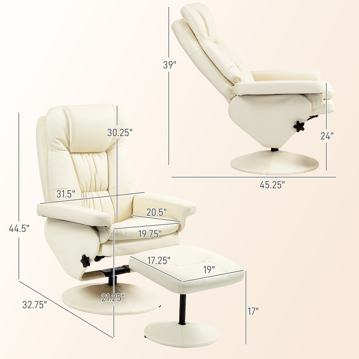 Adjustable PU Leather Lounge Chair Swivel Recliner Chair Padded High Back Armchair with Ottoman and Wood Base