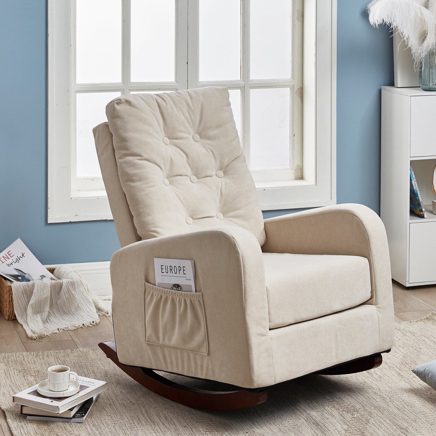 Adjustable Reclining Sofa Chair with Sturdy Wood Legs, High Back Support, and Side Storage Options