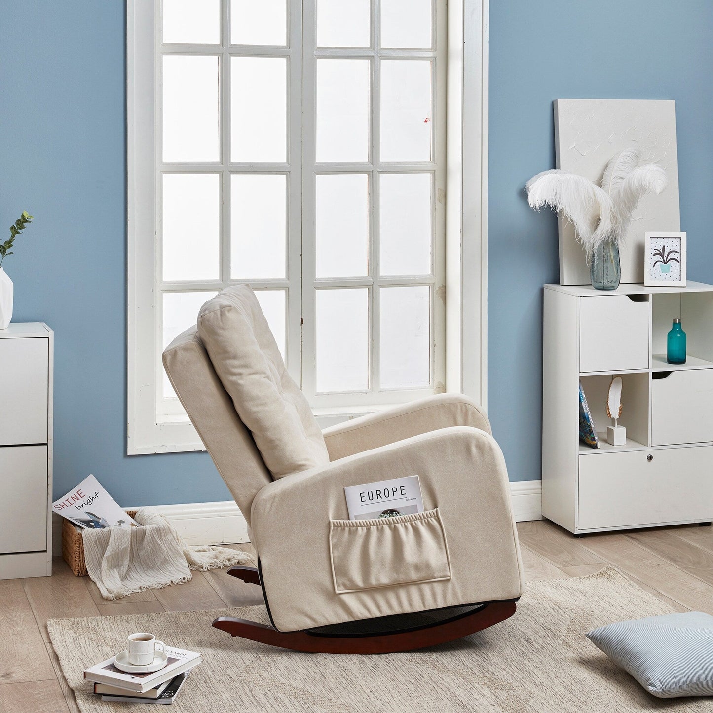 Adjustable Reclining Sofa Chair with Sturdy Wood Legs, High Back Support, and Side Storage Options
