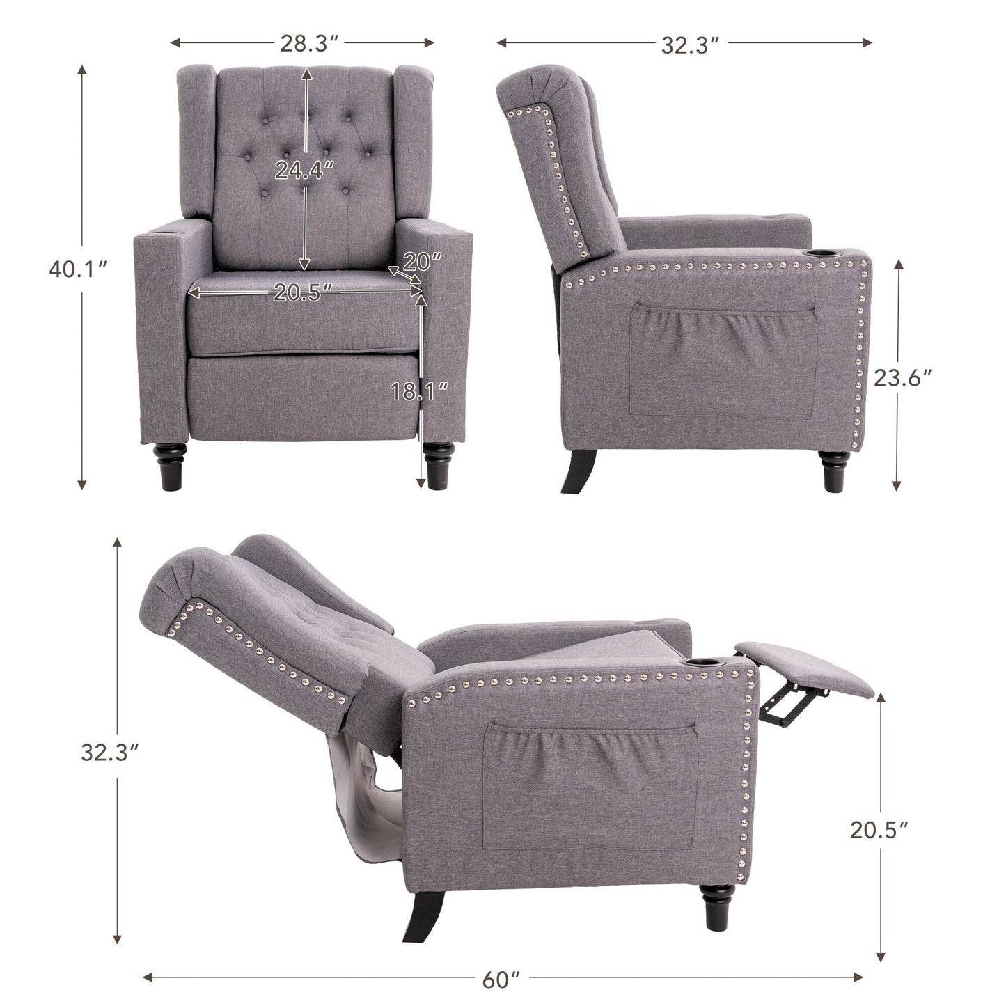 Adjustable Wing Back Recliner Chair Nailhead Armchair Padded Large Sofa Chair