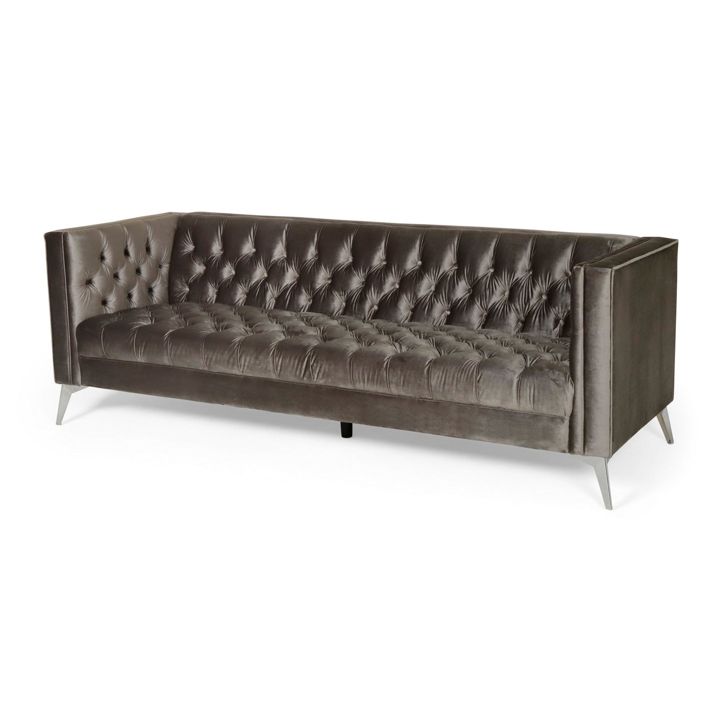 Aeny 87 Inch Sofa, 3 Seater Tufted Gray Fabric, Angled Chrome Legs