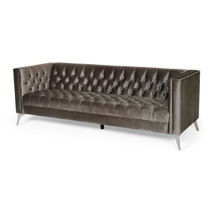 Aeny 87 Inch Sofa, 3 Seater Tufted Gray Fabric, Angled Chrome Legs