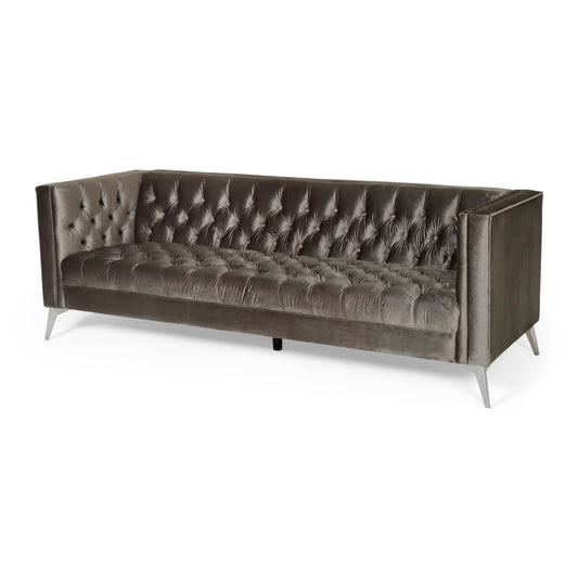 Aeny 87 Inch Sofa, 3 Seater Tufted Gray Fabric, Angled Chrome Legs