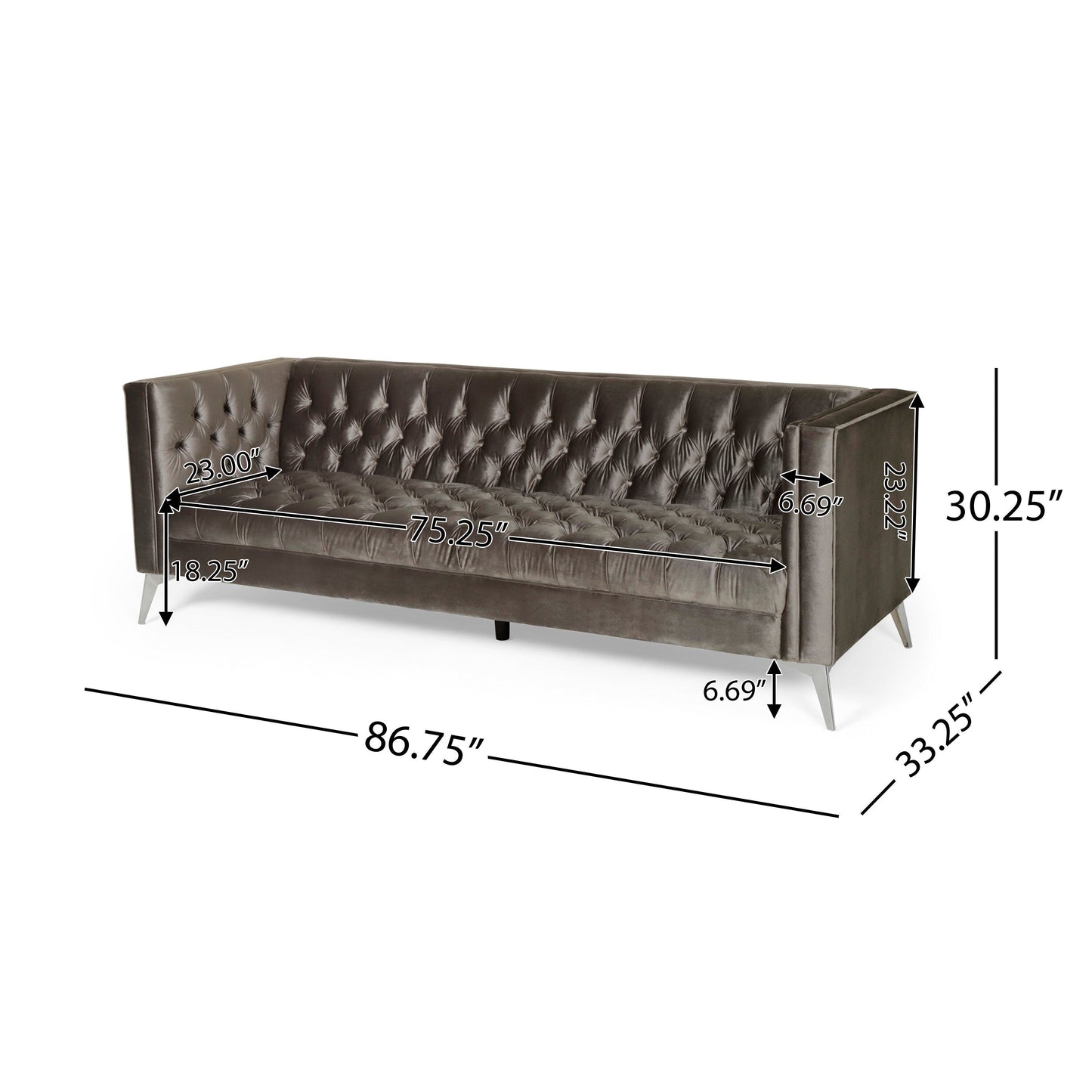 Aeny 87 Inch Sofa, 3 Seater Tufted Gray Fabric, Angled Chrome Legs