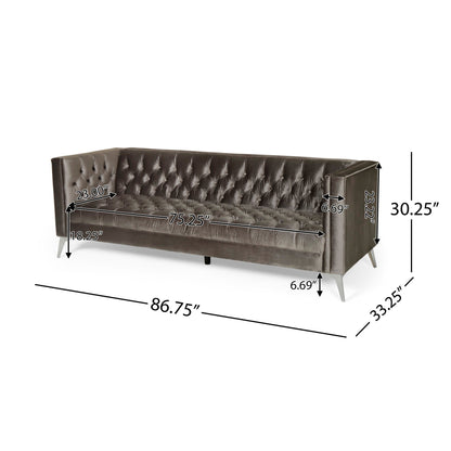 Aeny 87 Inch Sofa, 3 Seater Tufted Gray Fabric, Angled Chrome Legs