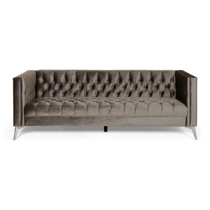 Aeny 87 Inch Sofa, 3 Seater Tufted Gray Fabric, Angled Chrome Legs
