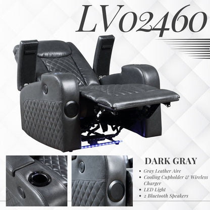 Alair Dark Gray Leather Aire Power Motion Recliner W/Bluetooth, Wireless Charger  Cupholder