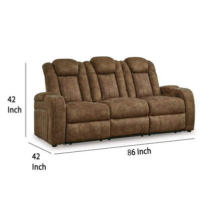 Alexy Power Recliner Sofa, USB, Storage, Brown Faux Leather 86 Inch