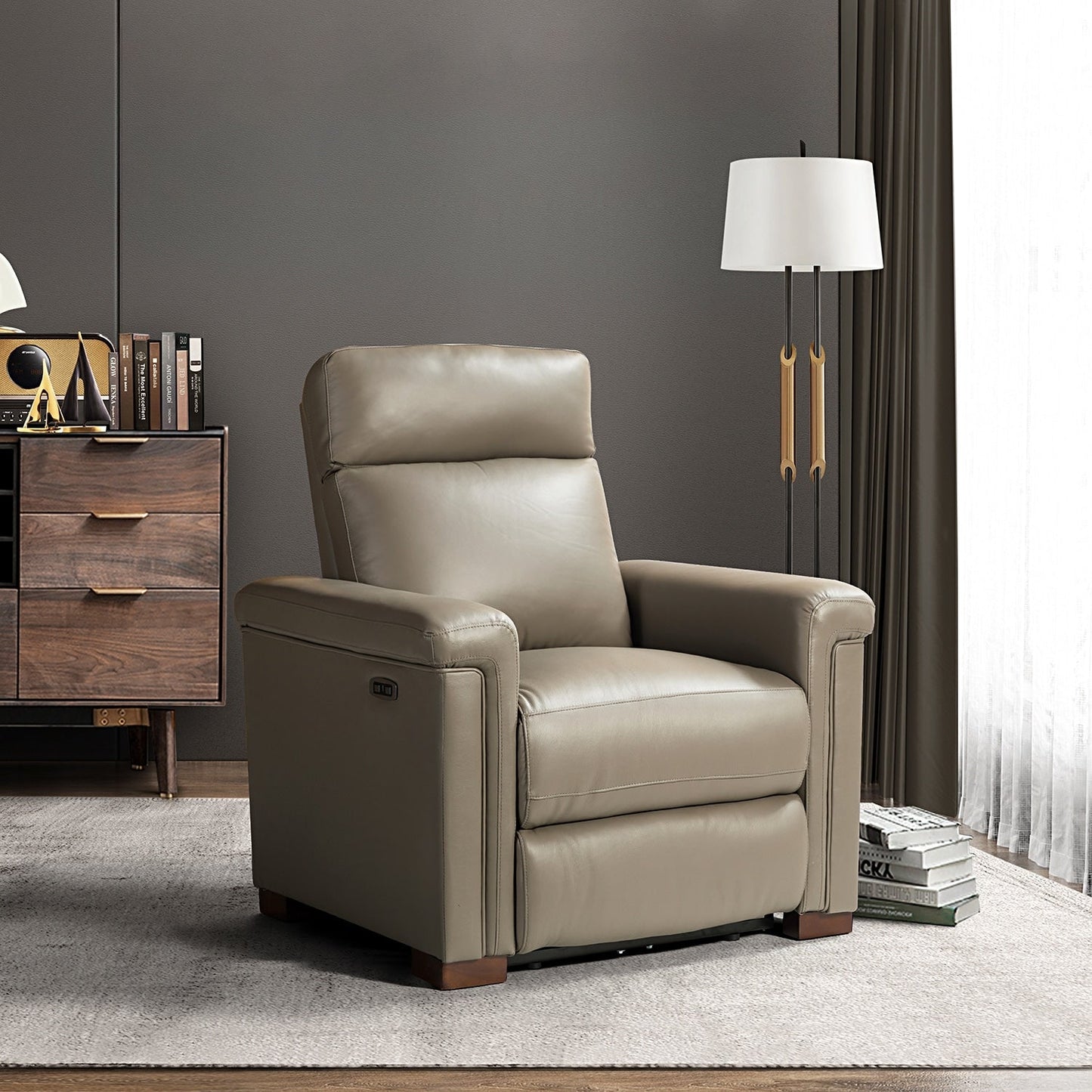 Alicia 34.65 Wide Contemporary Classic Genuine Leather Power Recliner With USB Port
